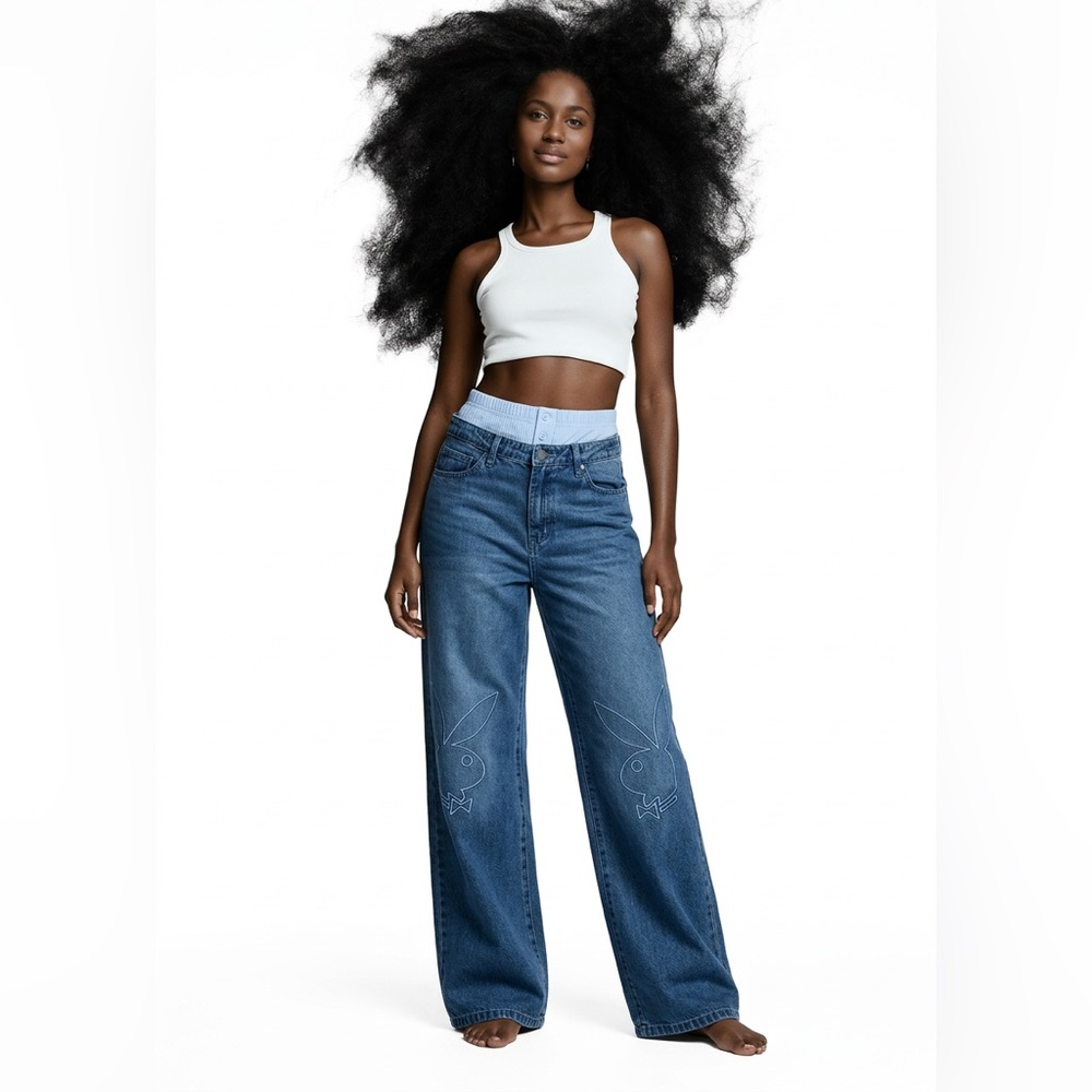 PLAYBOY Mid-Blue Wide-Leg Jeans with Embroidered Bunny